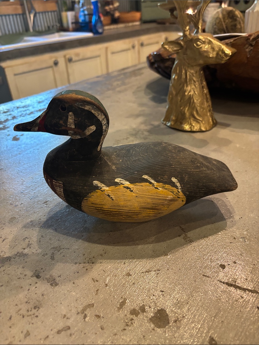 Antique Hand-Painted Black & Yellow Wooden Duck Décor, decoy -